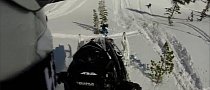 Snowmobile Almost Landing on Photographer's Head, Guy Saved by the Helmet