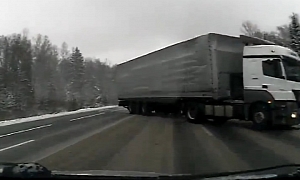Snowy Road and Out of Control Truck Cause Scary Near Miss