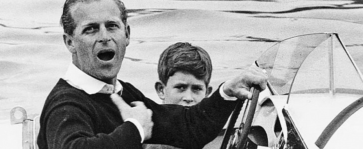 Prince Philip and Prince Charles go out for a drive in the '56 Albatross MKIII Super Sports Roundabout boat