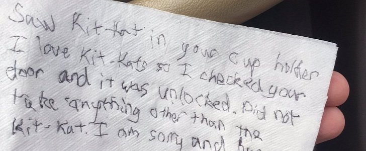 The note left by the Kit Kat thief from Kansas