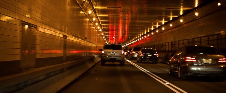 Inside the Lincoln Tunnel that connects New Jersey with New York