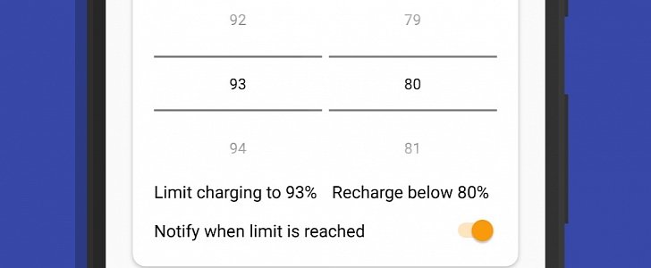 The app allows users to configure a maximum battery charge level