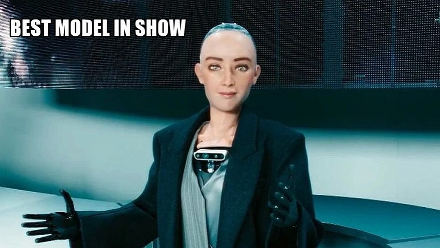 Sophia the robot models for Boss at Fashion Week 2023