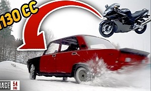 Soviet Ice Drifting: 30-Speed Lada With Two Gearboxes and a Honda Motorbike Engine