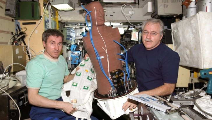 The Matroshka  phantom presented by astronauts (S. Krikaliew, J. Philips) on board of the International Space Station