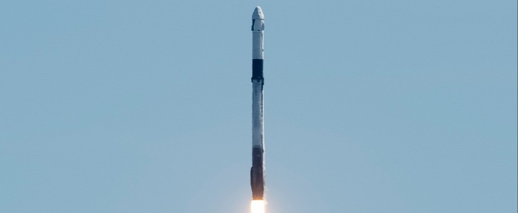 A SpaceX Falcon 9 rocket carrying the Crew Dragon launches from NASA's Kennedy Space Center
