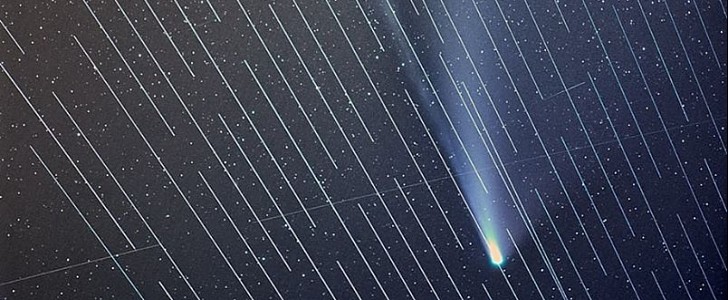 Comet NEOWISE behind Starlink satellite blockade