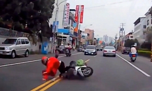 Spectacular Brush with Death for Clumsy Scooter Rider