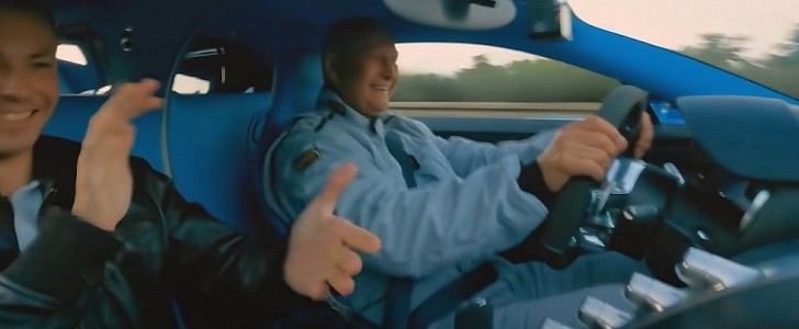 Millionaire Radim Passer and his co-pilot after hitting 259 mph in a Bugatti Chiron on the Autobahn