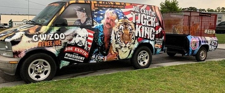 Tiger King replica van comes with animal trailer and stuffed toy tiger in the back