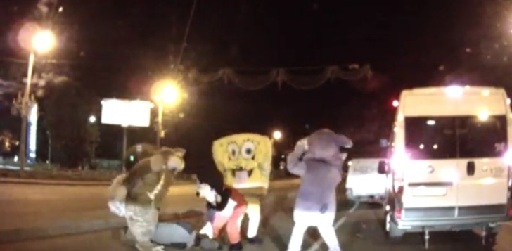 Spongebob and Fuzzy Gang Seen Attacking Random Russian Motorist