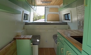 Sprinter Camper Van Has a Unique Mint Green Interior Designed To Accommodate a Doggo