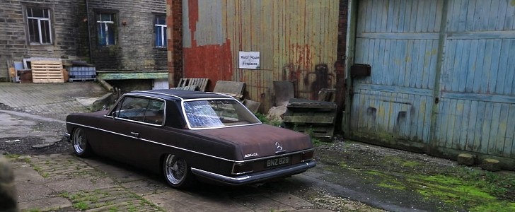 1972 Mercedes-Benz 280 CE Coupe looking rusty and bagged