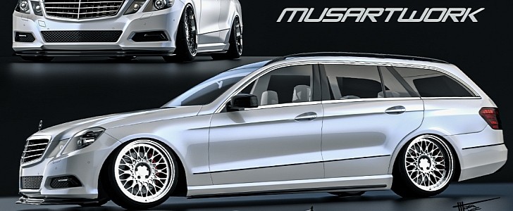 Stanced bagged Mercedes-Benz E-Class Estate Pearl White rendering by musartwork