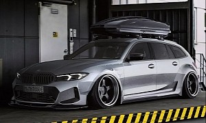 Stanced BMW 330e Touring LCI Looks Widebody-Ready for Electro-CGI Road Trips
