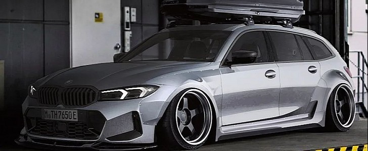 Stanced BMW 330e Touring LCI widebody G21 rendering by ildar_project