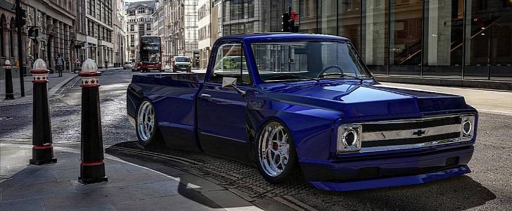 Stanced Chevy C10 Restomod Electric Blue in London rendering 