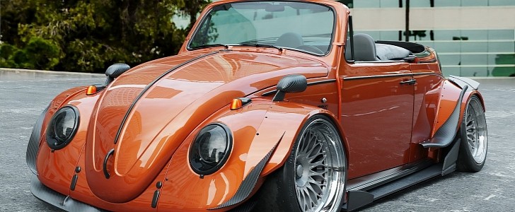 VW Beetle Ducktail Cabrio stanced widebody JDM rendering by rob3rtdesign