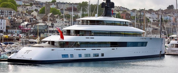 $200 superyacht Pi moored in Falmouth harbor, before moving into shipyard for a refit