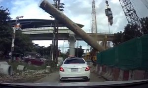 Steel Pile Crushes Mercedes-Benz C-Class With People Inside in Freak Accident