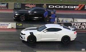Stick Shift Ford Mustang GT Drags Chevy Camaro LT1, It's Not an Elegant Ballet