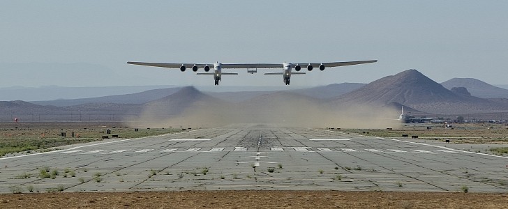 Stratolaunch's Roc carrier aircraft takes off from Mojave Air and Space Port during its sixth flight test