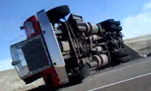 Strong Wind Knocks Semi Truck Over in Wyoming