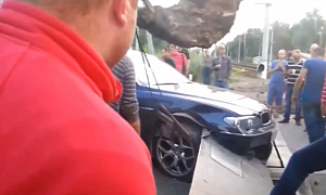 Stupid Russians Ram Expensive BMW into Railway Crossing Barrier