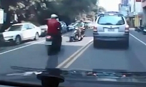 Stupid Scooter Rider Crosses Double Yellow, Crashes Hard