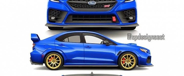 2022 Subaru WRX STI rendering in both orange and blue/gold rendering 