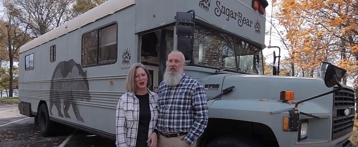 Sugar Bear Bus is a converted 1994 Bluebird bus converted into a tiny home with French country style