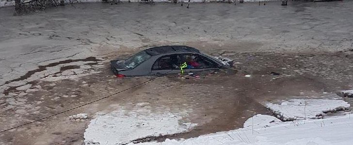 Woman's Toyota Corolla goes down embankment into frozen pond, but she and her daughter are unharmed