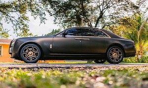 Swanky Rolls-Royce Ghost Shines Brightly Dark With Satin Gold Dust Sparkle Wrap