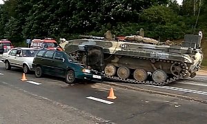 Tank Crushes VW Polo at Intersection in Belarus