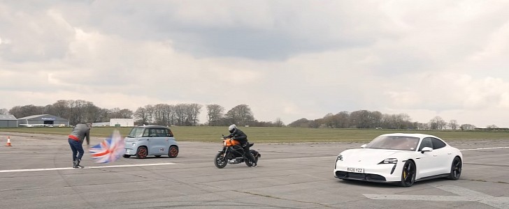 photo of Taycan Turbo S vs. LiveWire Drag Race Gets “Photobombed” by 28-MPH Citroen Ami image