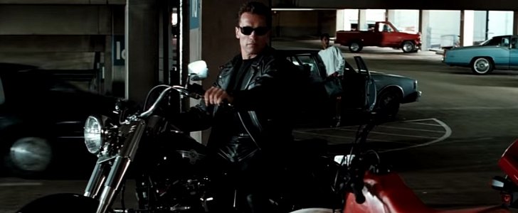 Arnold Schwarzenegger on the Harley-Davidson FLSTF Fat Boy in "Terminator 2"