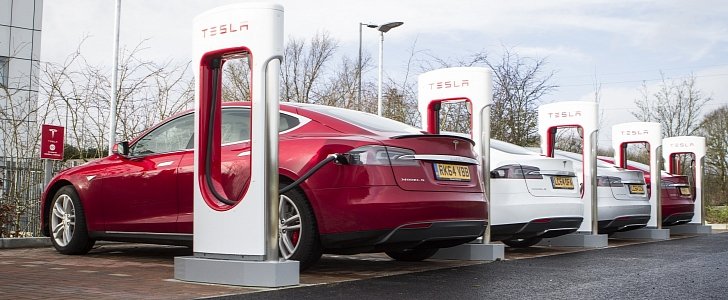Tesla Supercharger station in the UK