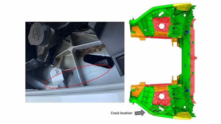 The cracks in the Austin-made Tesla Model Y are in a green area of the front casting, which can be repaired if it shorter than 50 mm (1.97 in)
