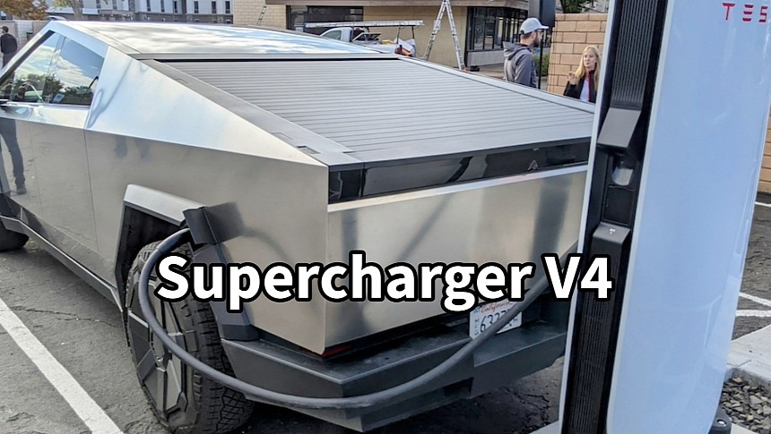Tesla Cybertruck charging at a Supercharger V4 station