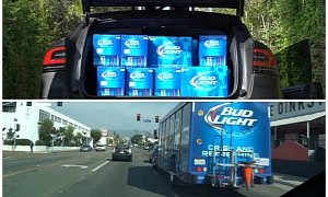 Tesla Driver Fits 1,920 Cans of Bud Light in Model X, Runs into Bud Light Truck
