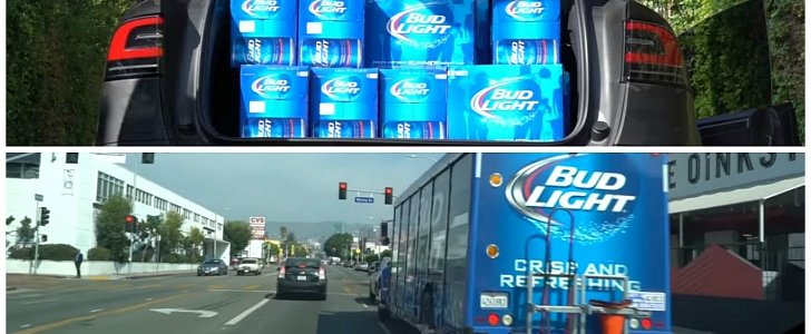 Tesla Driver Fits 1,920 Cans of Bud Light In Model X, Runs into Bud Light Truck