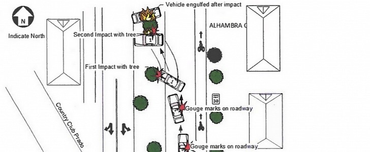 Visual description of the fatal crash involving a Tesla Model 3 in Coral Gables