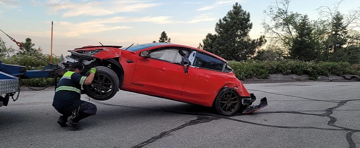 A Model 3 drove off a cliff and crashed into trees in California, and all four people inside walked away