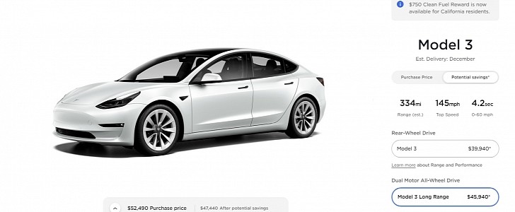 Tesla Model 3 configurator on November 5th, 2021