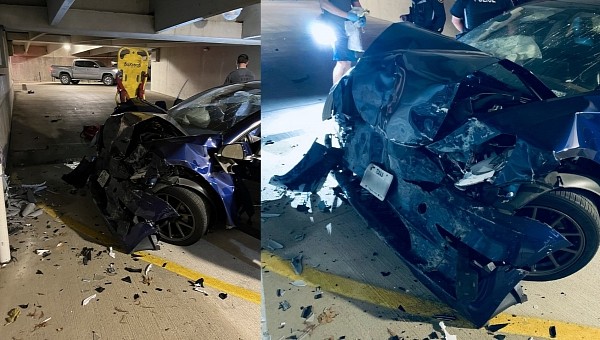 Tesla Model 3 crashes against a wall in a parking garage due to sudden unintended acceleration