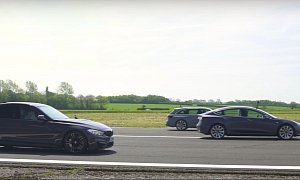 Tesla Model 3 Drag Races Audi RS4 and BMW M3, Demolition in Insane