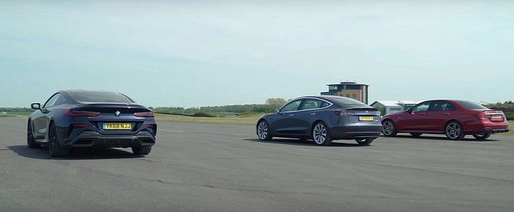 Tesla Model 3 Drag Races BMW M850i and Mercedes-AMG E63 S