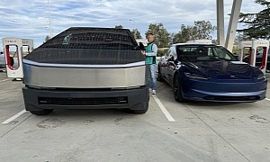 New Tesla Model 3 Gets Dwarfed by the Cybertruck While Resting at a Supercharger