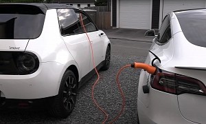 Tesla Model 3 Sucks Power Off Tiny Honda E Like a Leech
