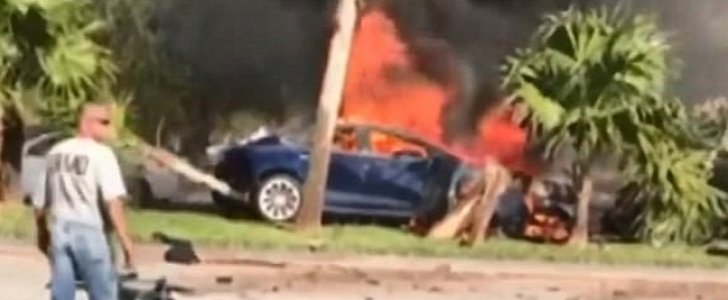 2016 Tesla Model S crashes and burns in Florida, explodes 3 more times at tow yard